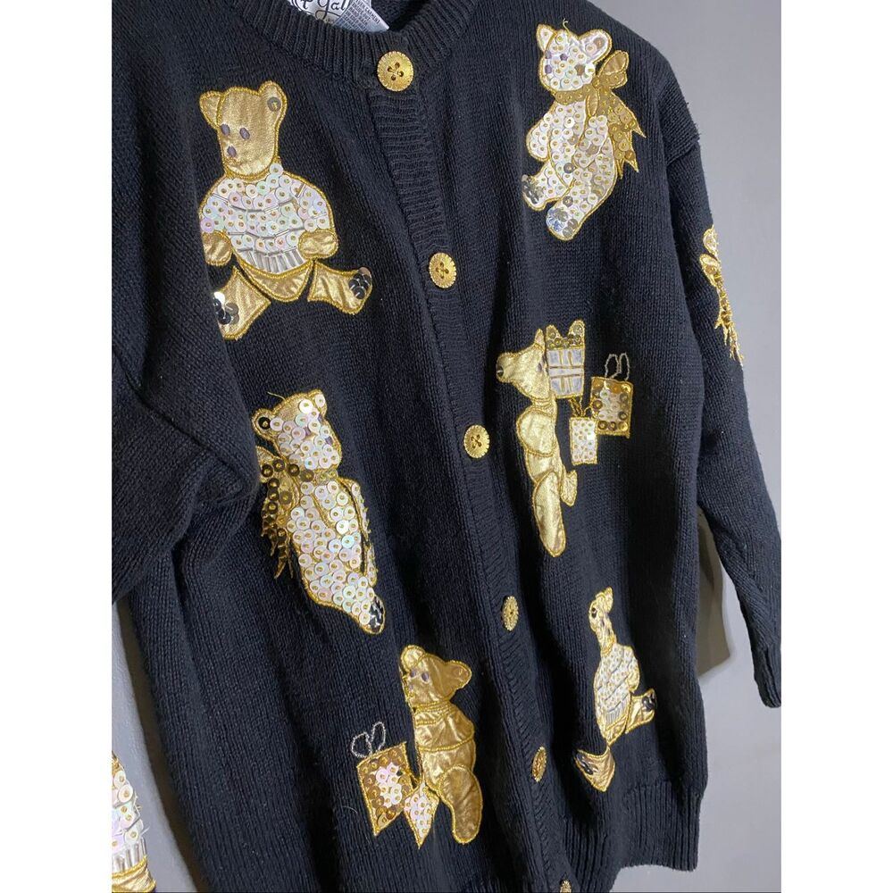 P Galli Black Gold Teddy Bear Vintage Button Up Knit Cardigan Size Medium - Picture 3 of 7